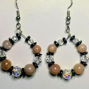 Gorgeous, Beaded, Genuine Moonstone, Hematite & Quartz Crystal Hoop Earrings